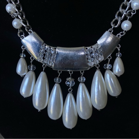 Silver Tone Cascading Faux Pearls Statement Necklace & Earring Set - Picture 3 of 6